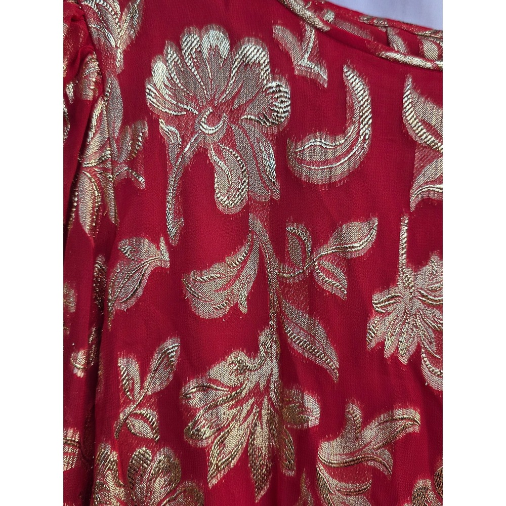 Vintage Raul Blanco Red Gold Metallic Floral Pleated Maxi Dress Evening Gown 12 - Picture 2 of 7